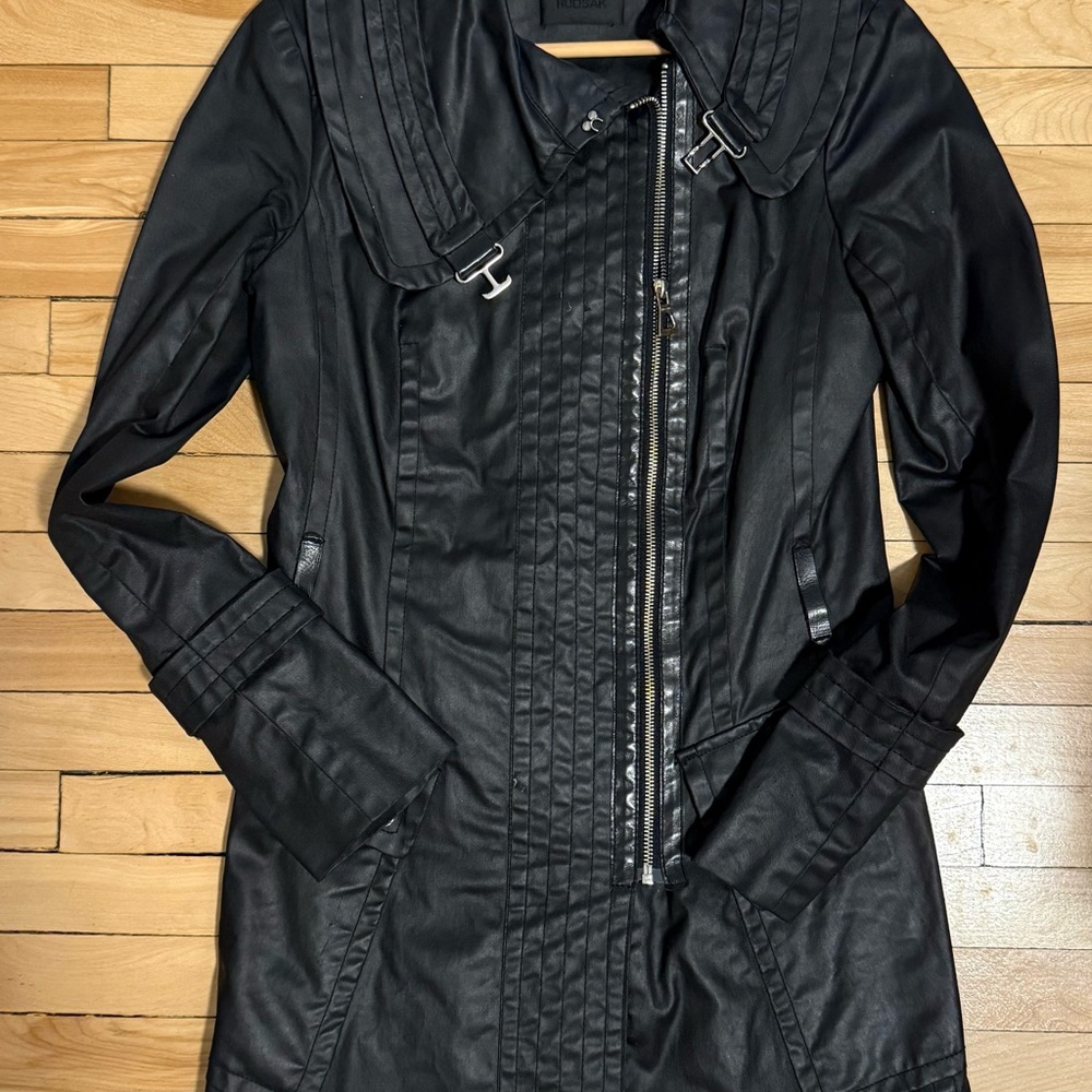 Elegant Black coated cotton with black leather trim Jacket for Women